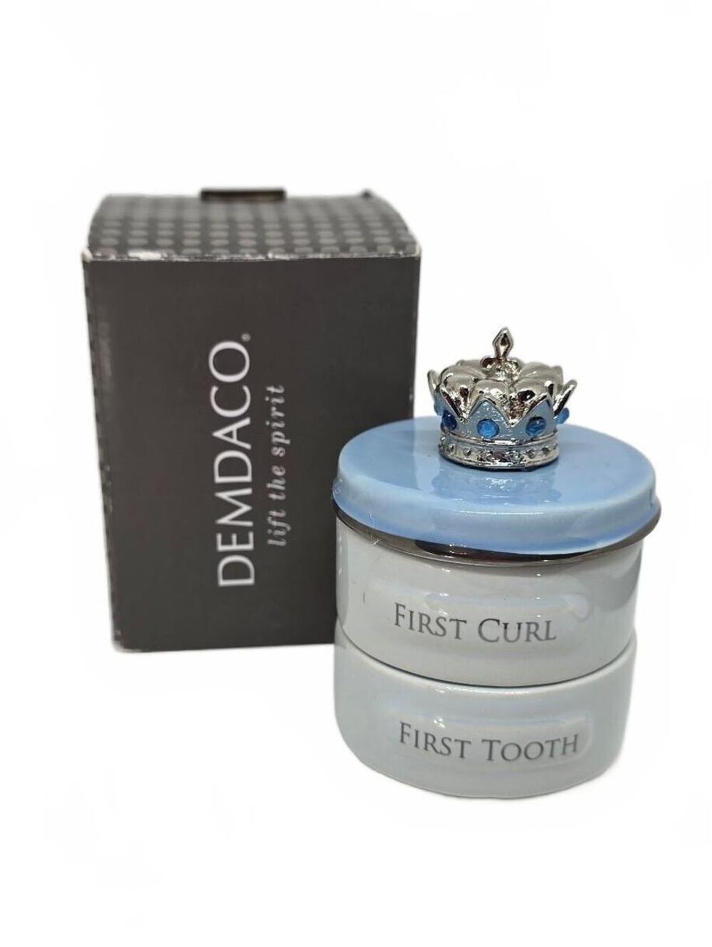 DEMDACO Blue Prince Crown First Tooth & Curl Keepsake Box Ceramic Stacking Gift